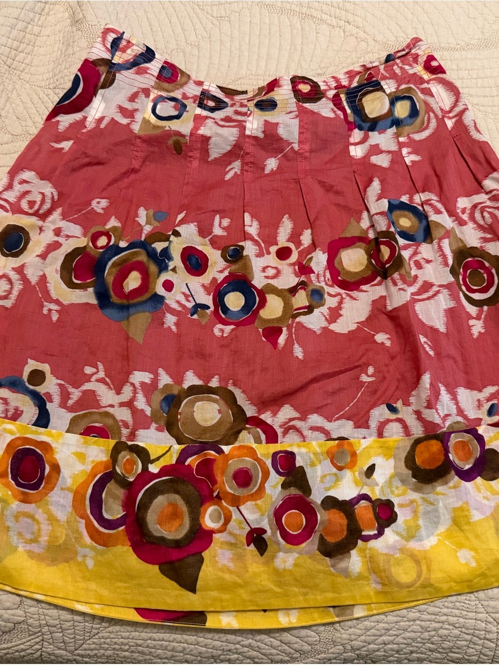 BCBGMaxAzria Rose Pink Floral Border Circle Skirt with Yellow Hem